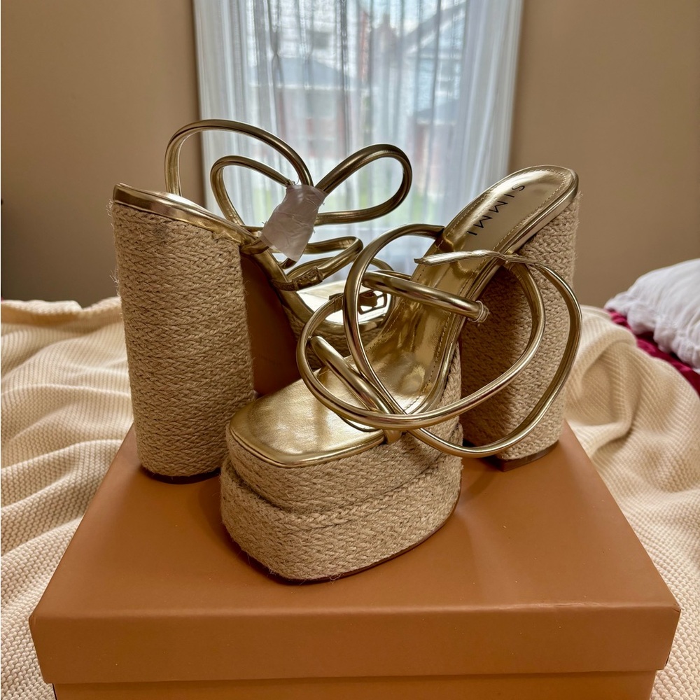 BNIB Gold Platform Espadrille Sandals W/ Gold Wrap Straps Size 8